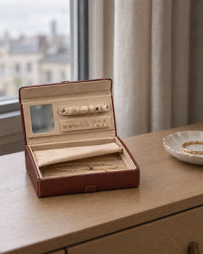 The Jewelry Box open on an oak dresser by a hotel window