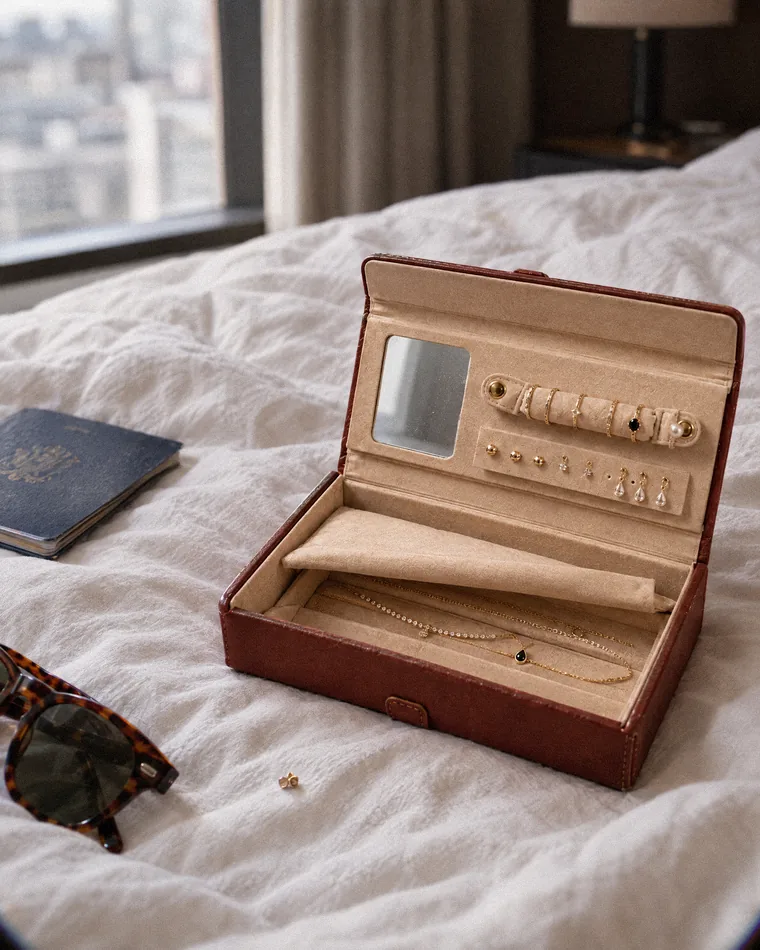 The Jewelry Box open on a hotel bed next to a passport