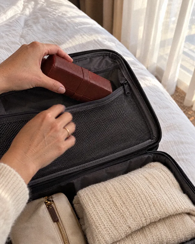 Hands tucking the closed Jewelry Box into a carry-on suitcase